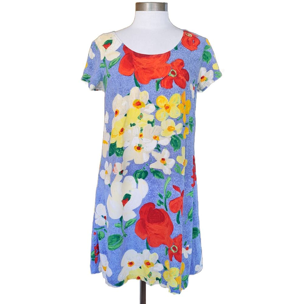 JAMS WORLD Vintage Cap Sleeve Mini Dress Medium Hawaiian Floral Delight Blue